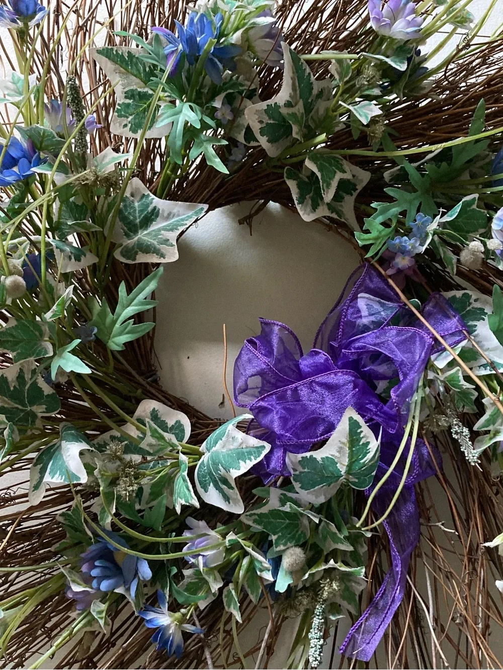 Twig Ivy Wreath Blue Flowers Greenery Purple Bow Floral Door Decor 24” Wide